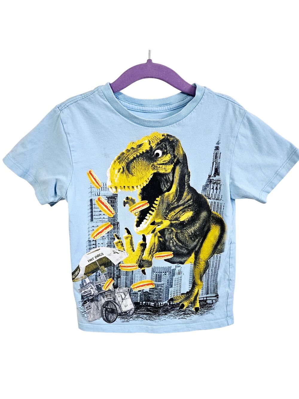 Childrens Place Boys Size XS Short Sleeve T-Rex Destruction Tee Shirt Blue City